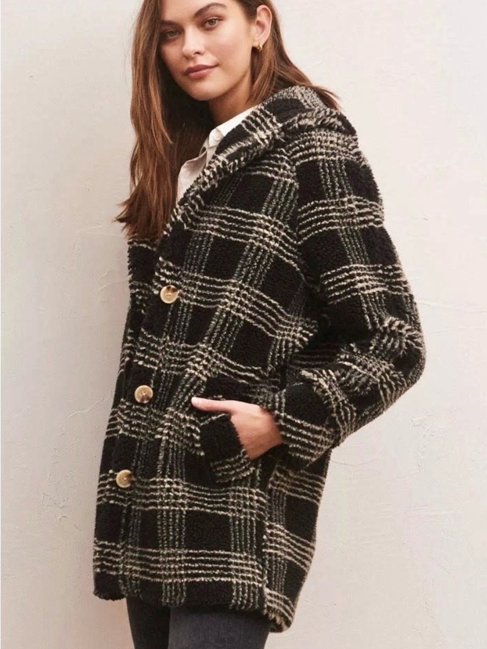 NWOT Hastings Sherpa Coat Plaid Black & Cream Size M